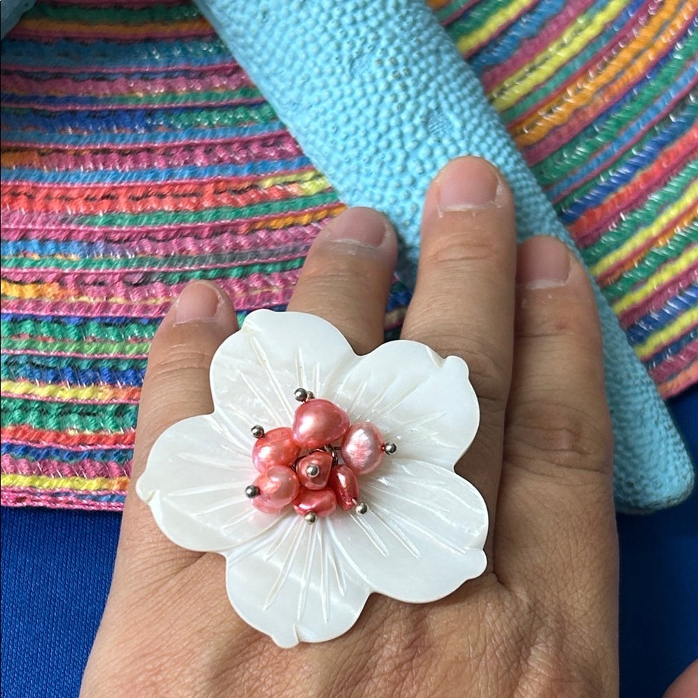 Handcrafted White Flower Mop Statement Ring With … - image 2